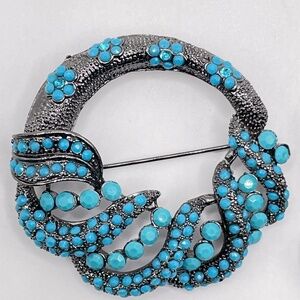 Vintage Turquoise Color Rhinestone Gunmetal Circle Pin Brooch